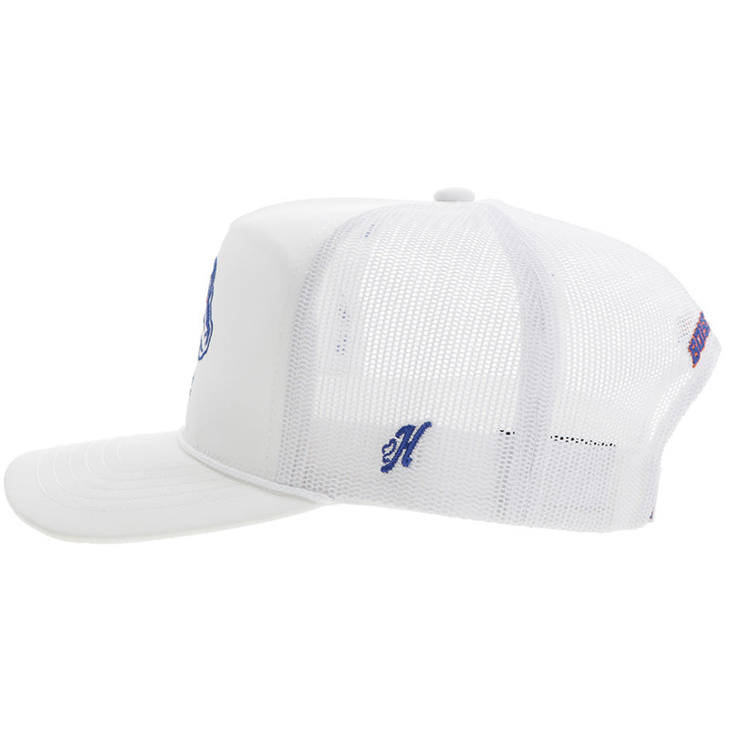 left side of Hooey x Boise white hat with Blue embroidered H 