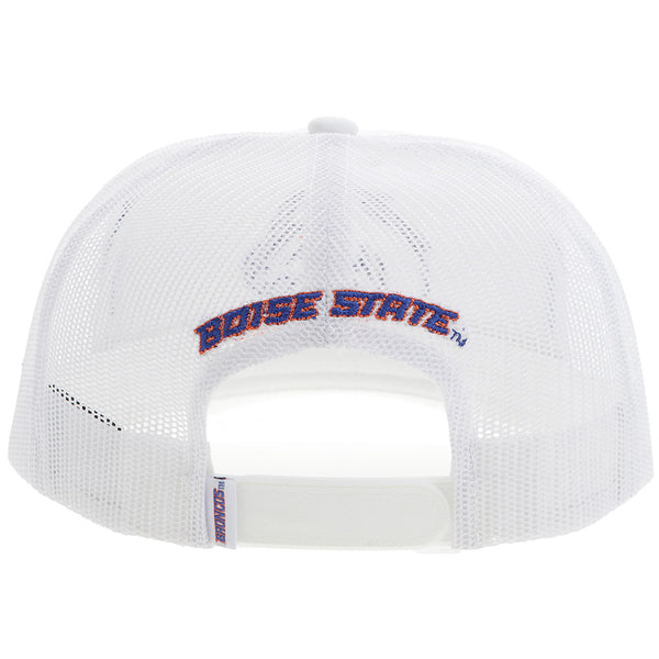 back of white Boise x Hooey hat with "Boise State" patch over snap bands