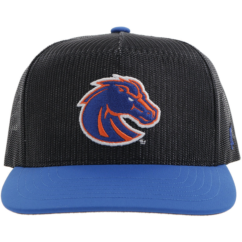 front of black and blue Boise x Hooey hat with Bronco logo patch in orange and blue