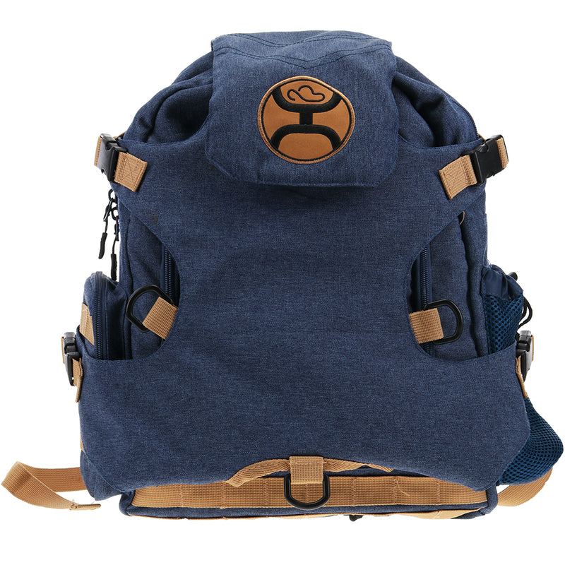 Mule Denim backpack with brown straps and brow logo