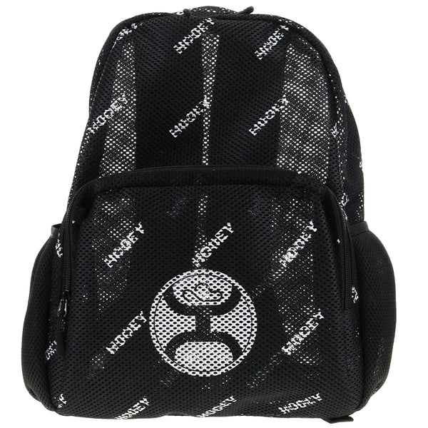 Nitro Mesh backpack in black with white Hooey logos allover and a large Hooey emblem on he front pocket