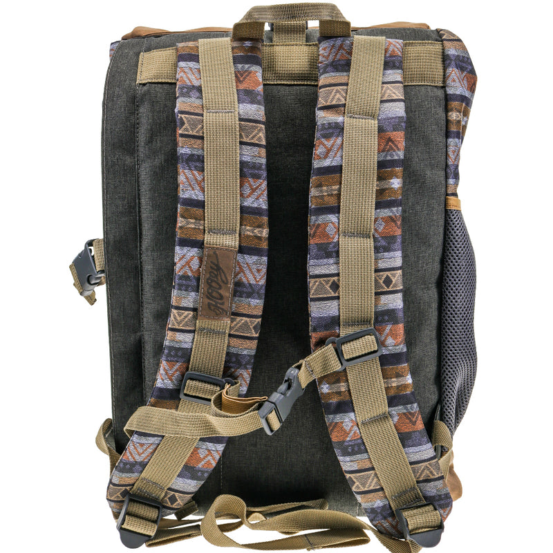 back view of the Topper backpack with grey back pad, grey and tan stripe pattern on arm straps and tan strap details
