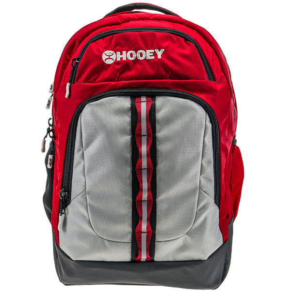 Ox backpack in burgundy with grey and black detail on the front pocket and trim respectively. White/Grey Hooey logo on the top front pocket