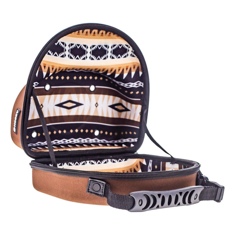 right side view of brown cap carrier with brown, tan, black, white Aztec pattern interior