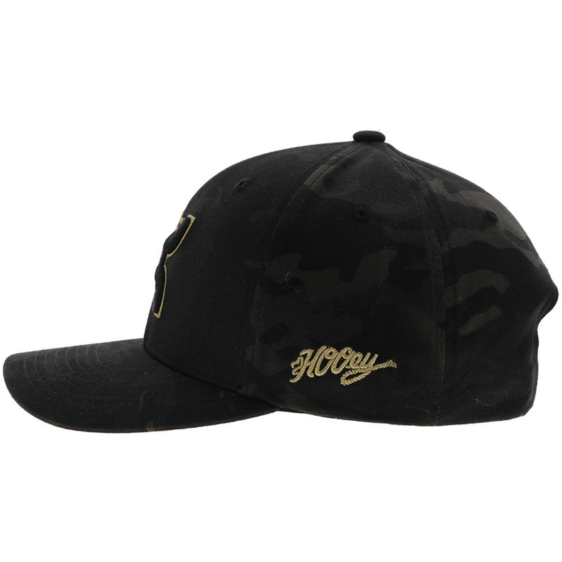 left side of the black camo hat with tan Hooey logo embroidered