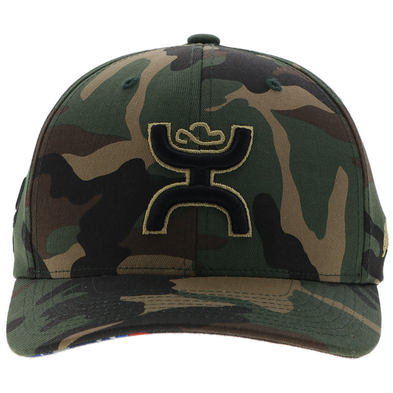 front of camo hooey hat with black hooey logo