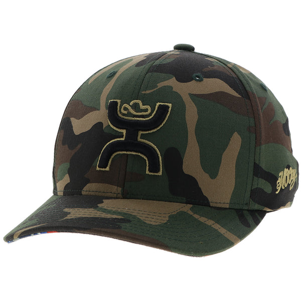 profile view of the camo hooey hat with black Hooey logo with Hooey embroidered logo