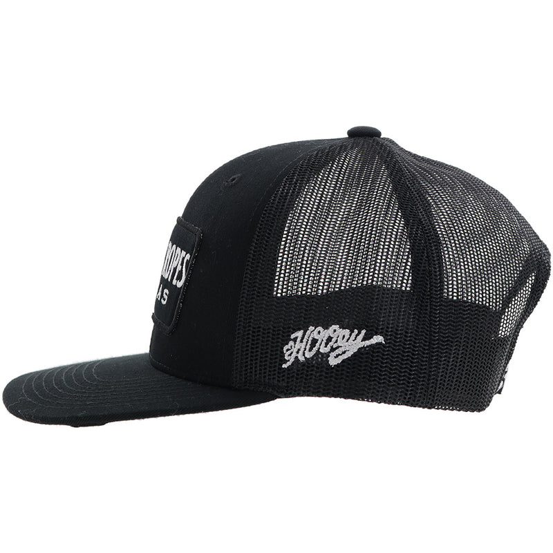 left side of solid black cactus ropes with white hooey logo embroidered