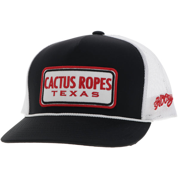 black and white Cactus Ropes Texas hat with red and white logo patch and red Hooey stitching on the side