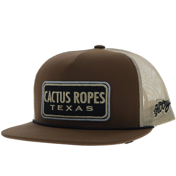 profile of brown and tan cactus ropes hat with black, tan, white cactus ropes patch and brown H logo on side