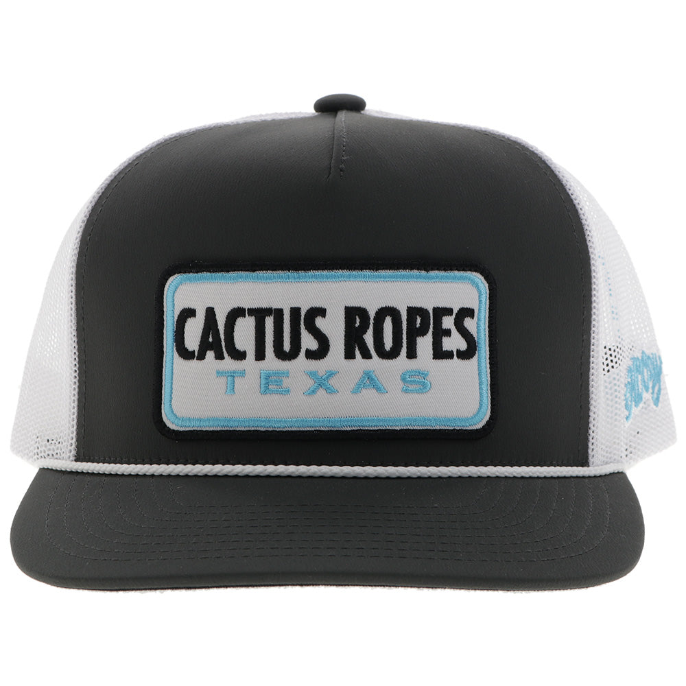 "CR108" Cactus Ropes Hat Grey/White w/White/Turquoise/Black Patch