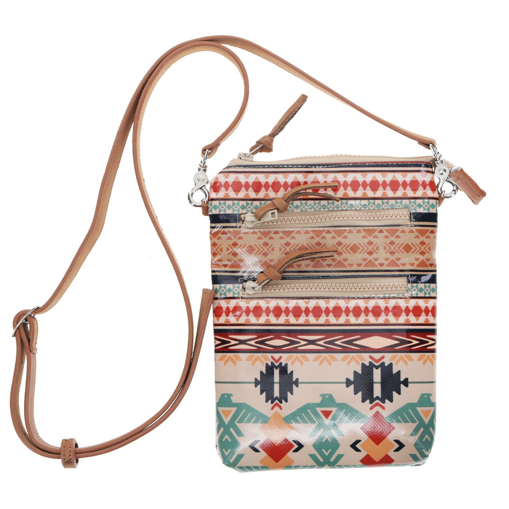 "Thunderbird" Tan/Navy Chevron & Striped Pattern Crossbody Purse