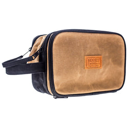 Hooey brown suade pouch with black straps, pocket, and zipper