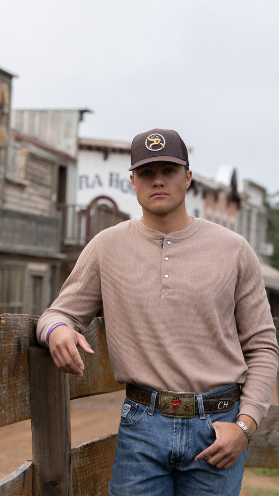 "Henley" Tan w/ chevron print detailing Long Sleeve Thermal Shirt