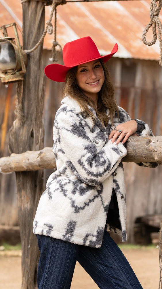 "Ladies Fleece Pullover" White/Black Aztec