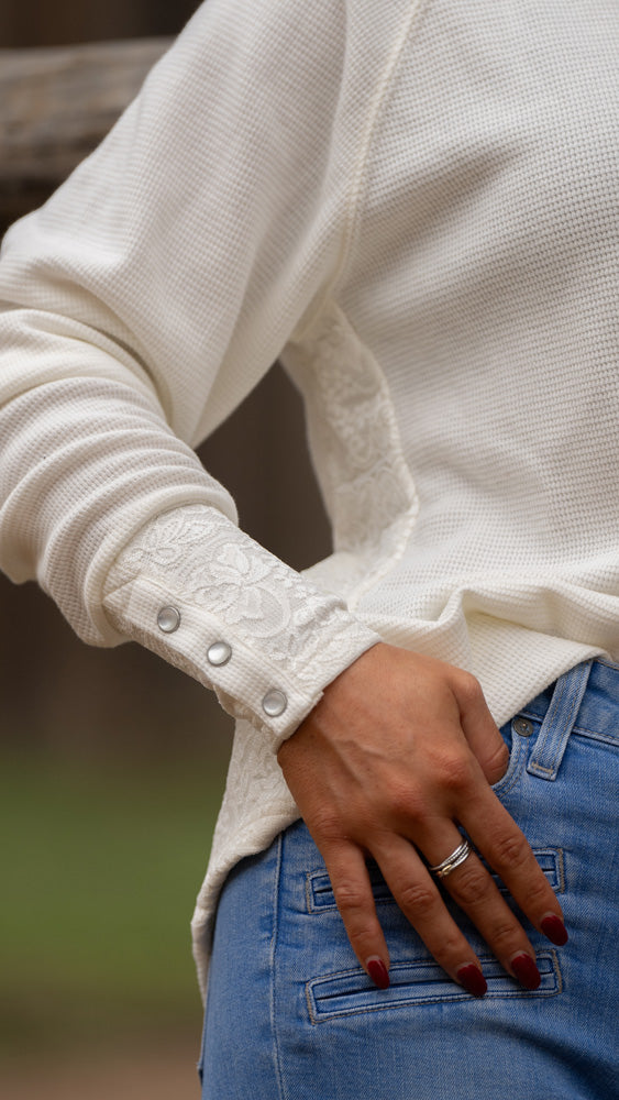 "Ladies Henley" White w/Lace Detailing Long Sleeve Thermal Shirt