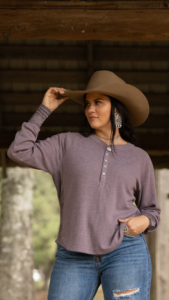 "Ladies Henley" Light Purple w/Lace Detailing Long Sleeve Thermal Shirt