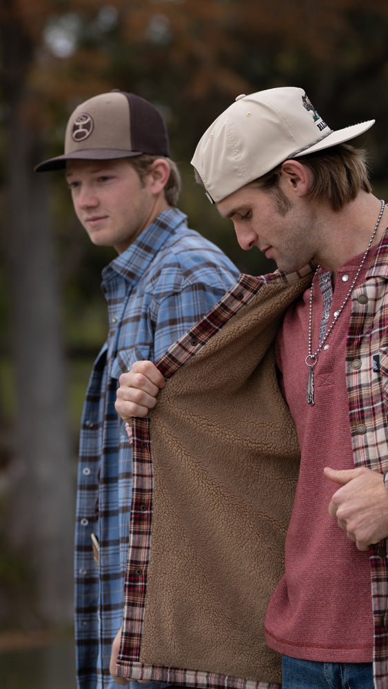 "Men's Flannel Jacket" Tan/Red Plaid w/Cream Sherpa