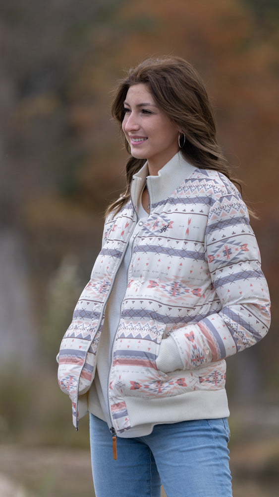 "Ladies Puffer Jacket" Cream w/Aztec