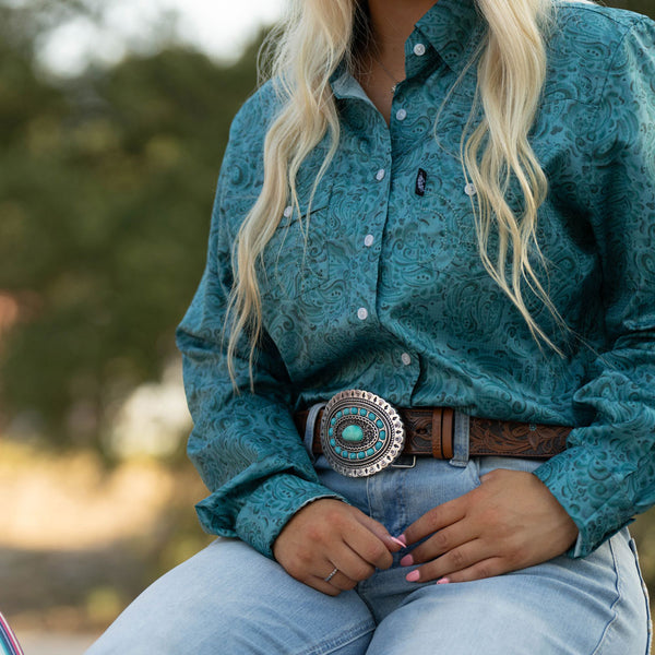 "Medina" Classic Hooey Ladies Belt Brown/Turquoise w/Turquoise Rodeo Buckle
