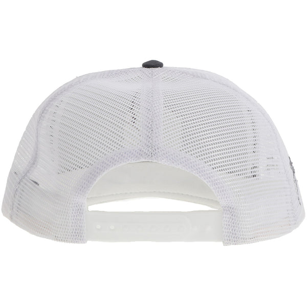 back of grey and white mesh hat