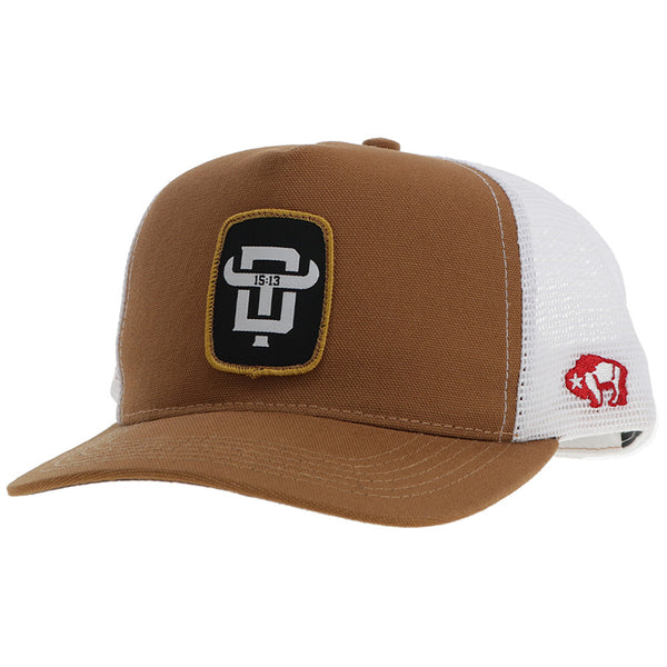 brown and white hat profile view with red buffalo logo and black and white patch