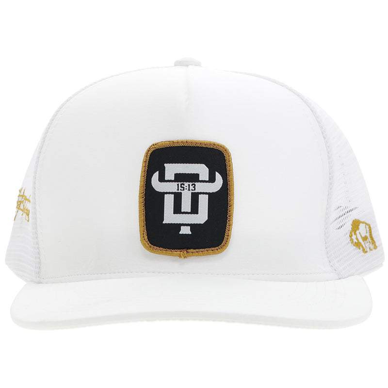 Dusty Tuckness all white hat with black and gold logo patch