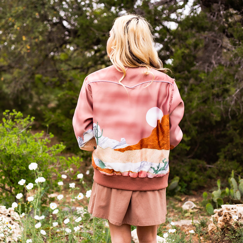 "Hooey Ladies Bomber Jacket" Pink with Desert Landscape