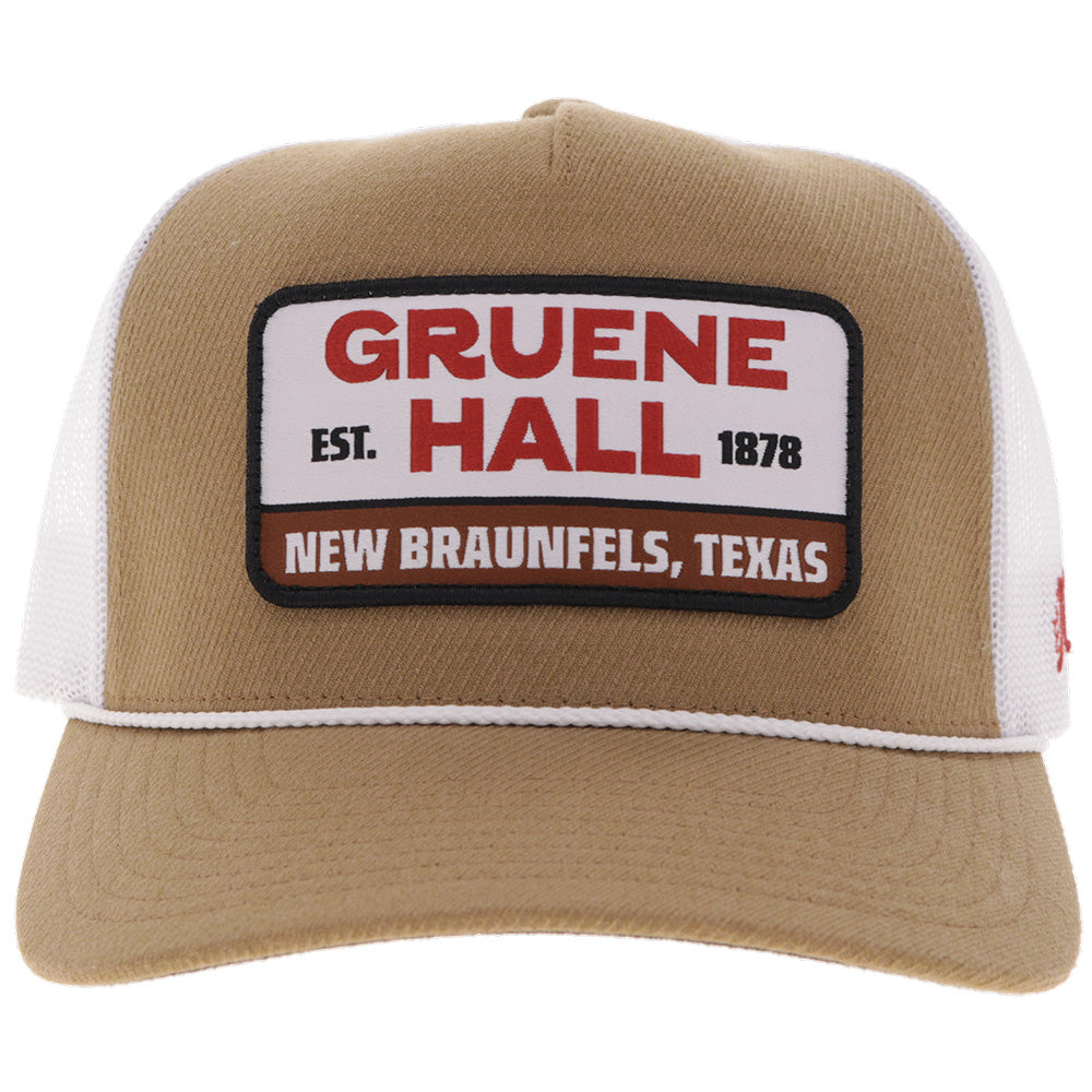 "Gruene Hall" Hat Tan/White w/White & Red Patch
