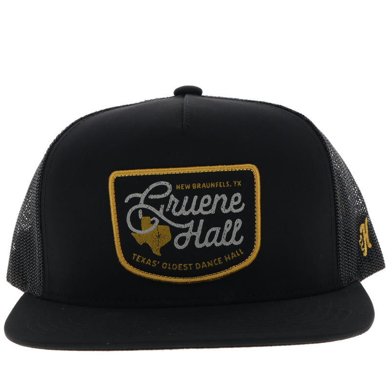 front of Gruene Hall hat with grey and gold patch