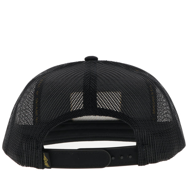 back of black Gruene Hall hat with black mesh and black snap bands