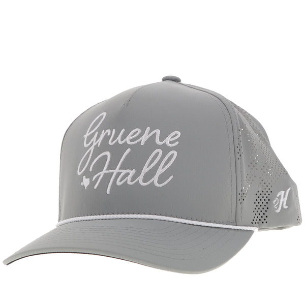 profile of all grey Gruene Hall x Hooey hat with white logo and rope detail