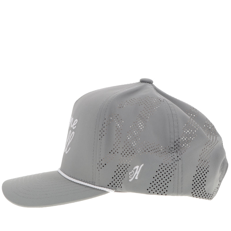 left side of all grey Gruene Hall x Hooey hat with white logo and rope detail and H logo
