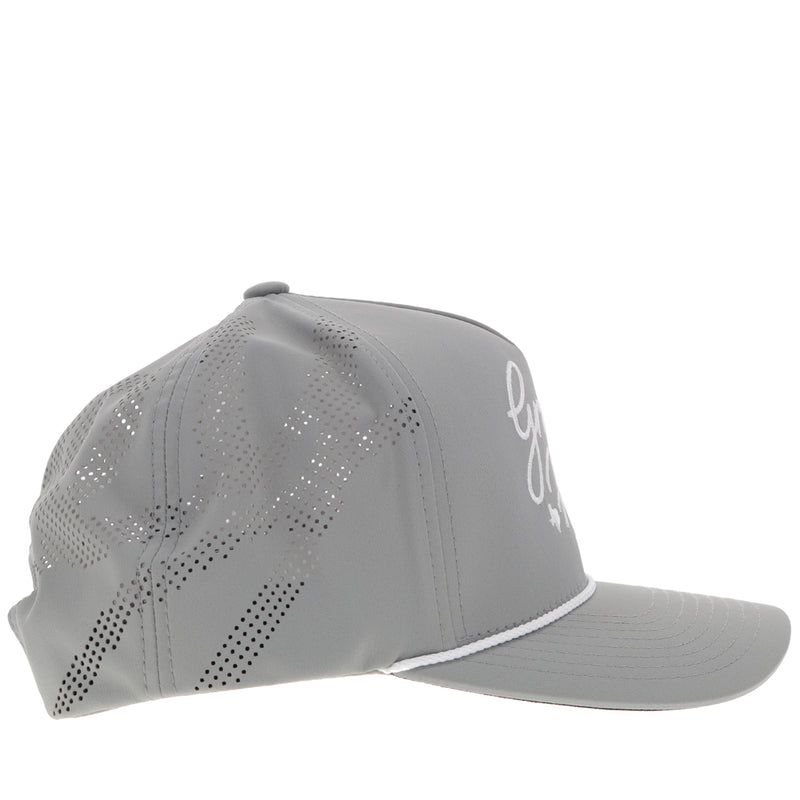 right side of all grey Gruene Hall x Hooey hat with white logo and rope detail
