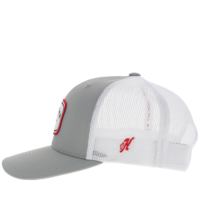 left side of grey and white Gruene Hall hat with red H logo 