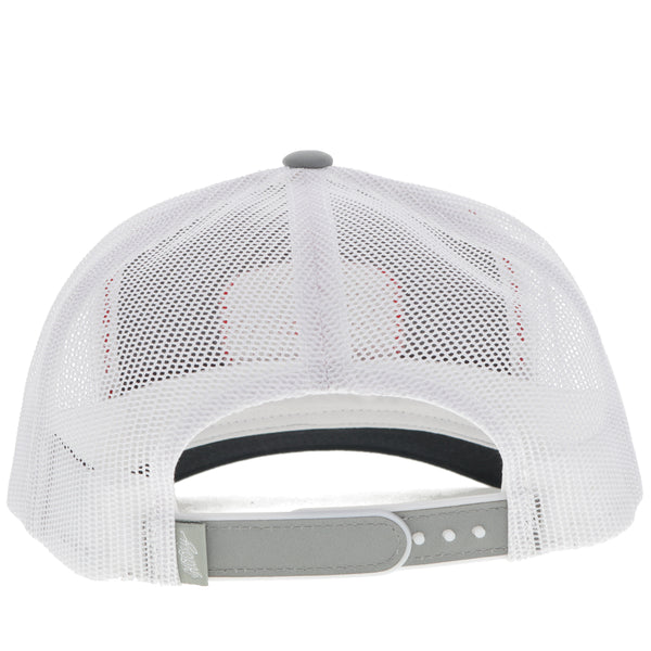 back of grey and white Gruene Hall hat with white mesh and grey snap bands