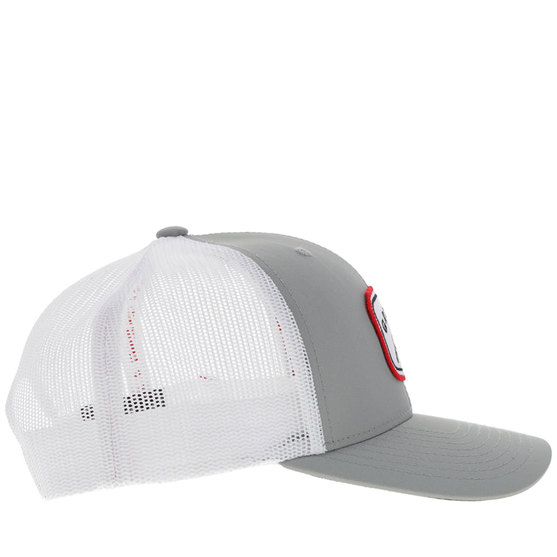 right side of white and grey hat with white mesh