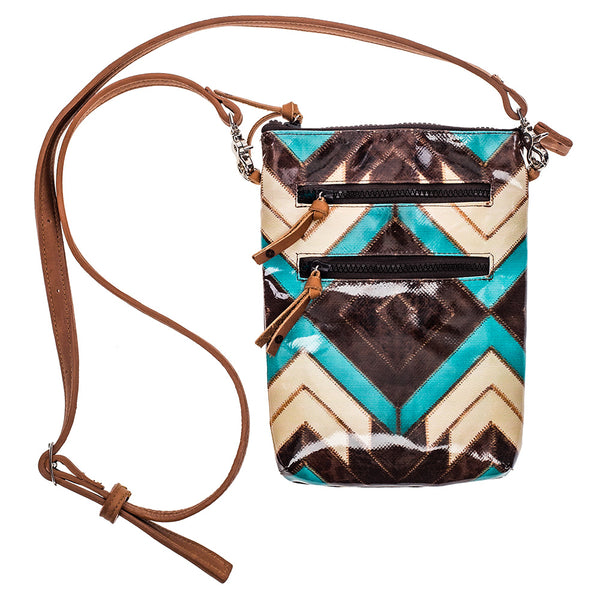 Turquoise, brown, White Aztec pattern crossbody bag with brown leather strap and zipper tassels