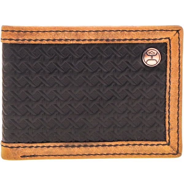 black wallet with brown leather trim