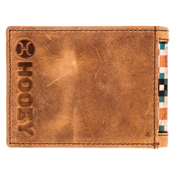 back of hooey wallet in light tan with Hooey logo stamp