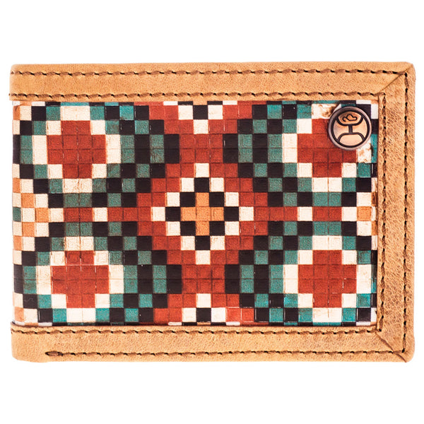 orange, blue, black, white Aztec pattern wallet 