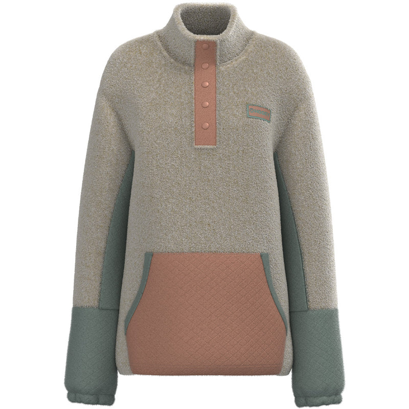 front of grey fleece pullover with teal panels on sleeves and cuffs and terracotta on button snaps and pocket