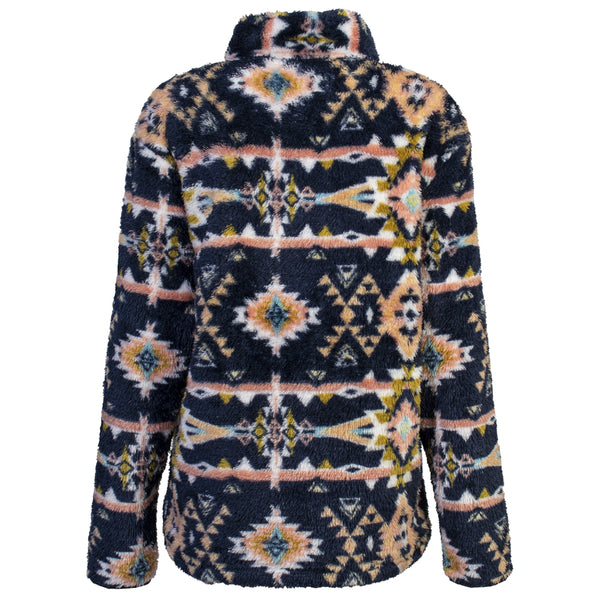 navy, turquoise, gold, pink Aztec pattern fleece pullover back view