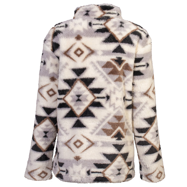 cream, fleece pullover with black and brown Aztec pattern