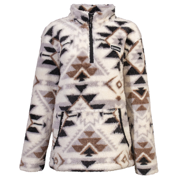 front of cream, fleece pullover with black and brown Aztec pattern and quarter zip