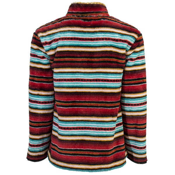 red, blue, gold, and white serape pattern fleece pullover back view