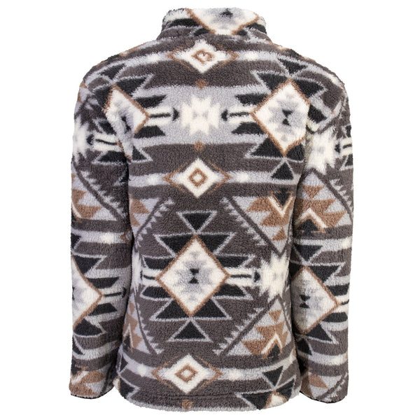 charcoal, tan, and light grey aztec pattern, fleece pullover back view