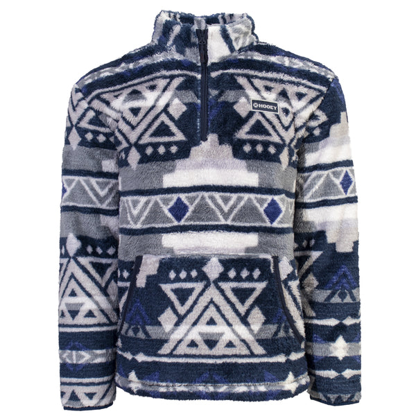 front of navy and grey multi Aztec inspired, fleece pullover