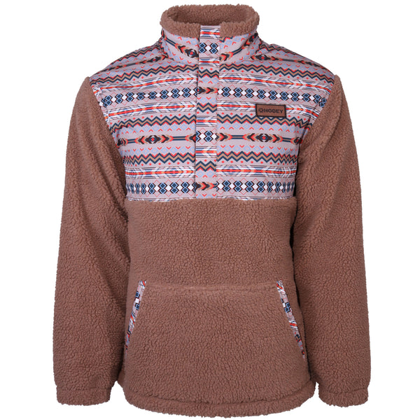 Hooey Sherpa Fleece Pullover in tan with blue, red, white, Aztec pattern on collar, chest, and pocket area
