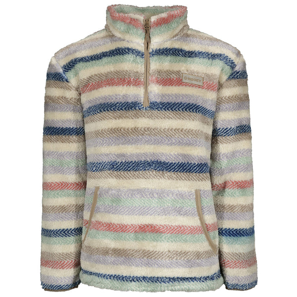 front of white, blue, purple, green, grey striped pullover